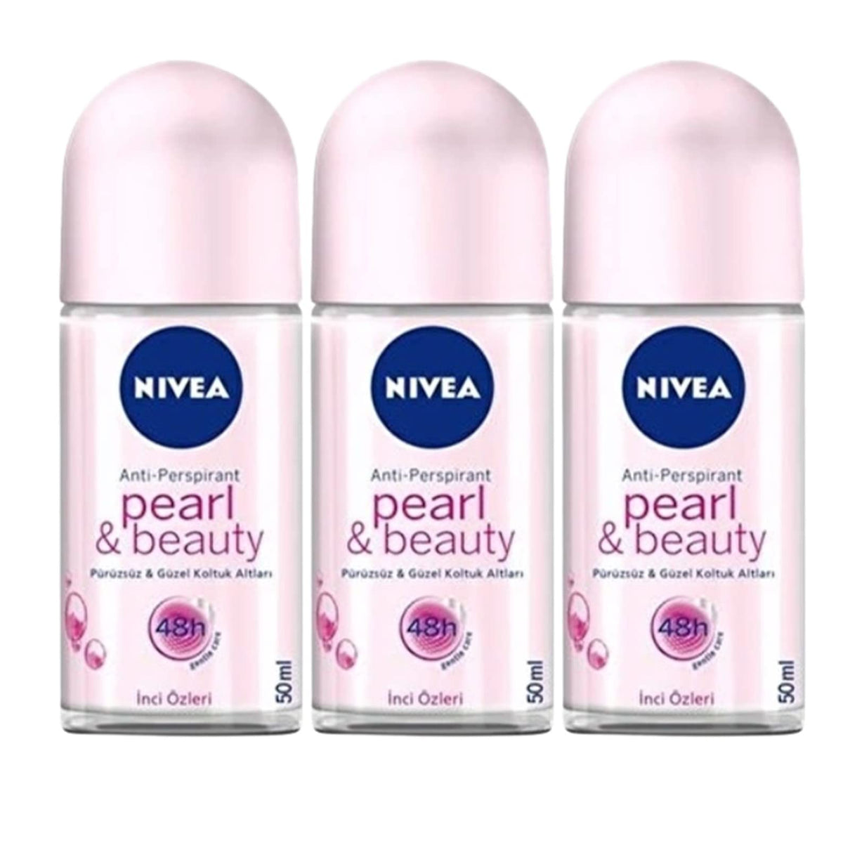 NIVEA Pearl & Beauty three-pack deodorant roll-ons with 50ml bottles for daily freshness.