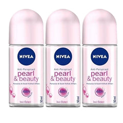NIVEA Pearl & Beauty three-pack deodorant roll-ons with 50ml bottles for daily freshness.