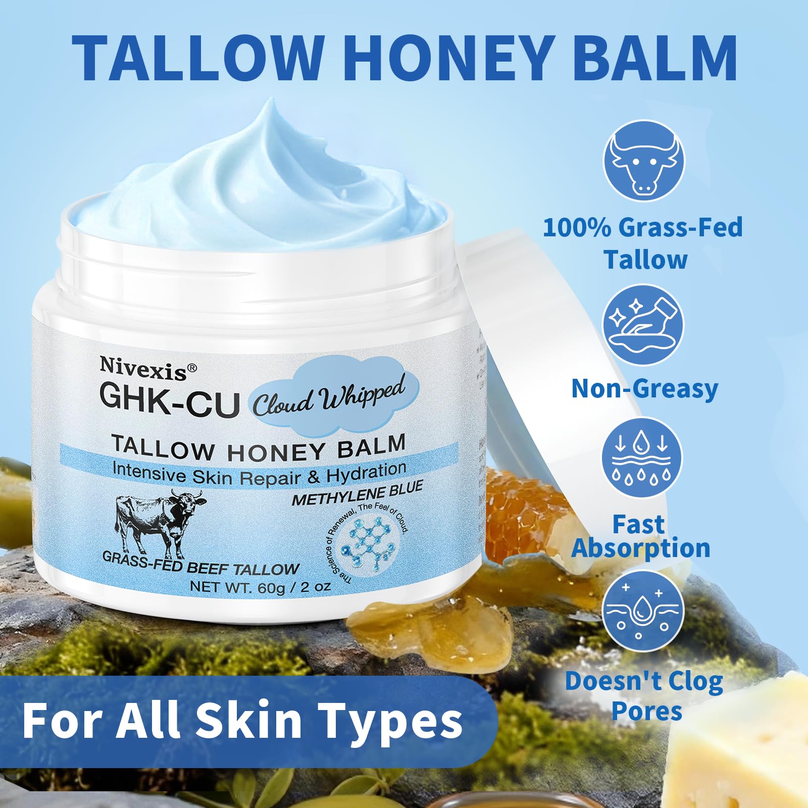 Grass-fed beef tallow base delivering rich moisture and smooth texture