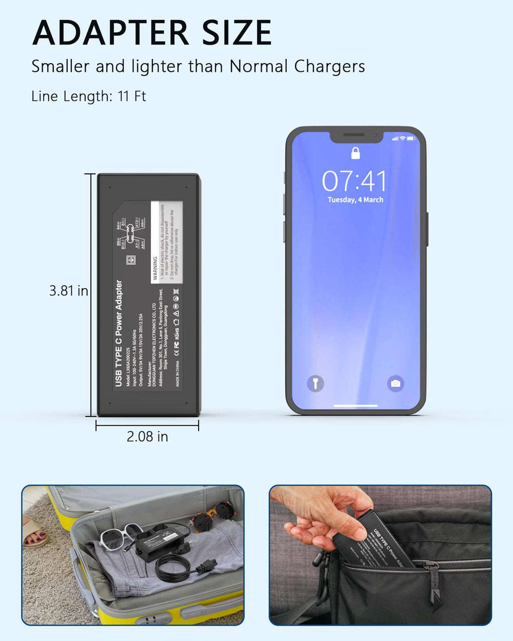 Nivjuky 45W USB-C charger suitable for international travel with compatible voltage range.