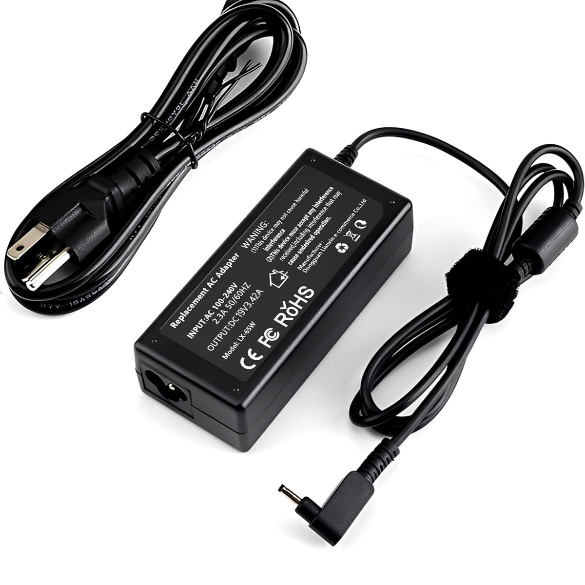 Nivjuky 65W Chromebook charger shows 19V output for reliable charging on the go.