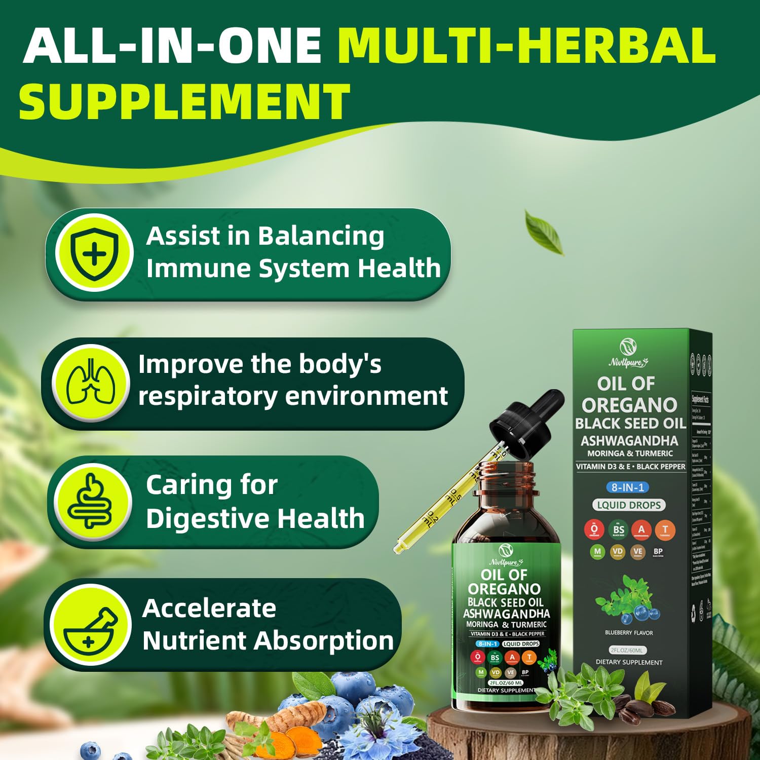 Nivltpure black seed oil and olive leaf blend showing robust plant-based wellness