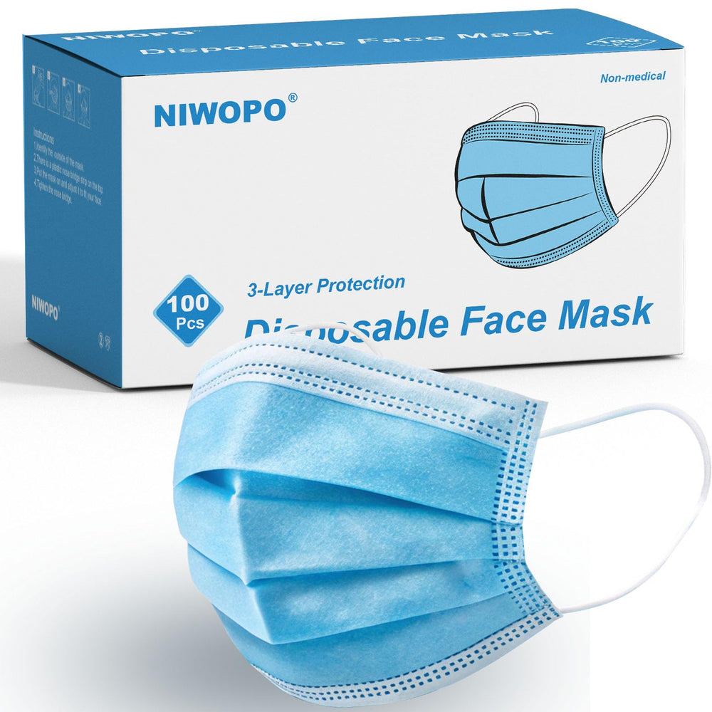 NIWOPO disposable face masks pack shown for daily use and bulk convenience.