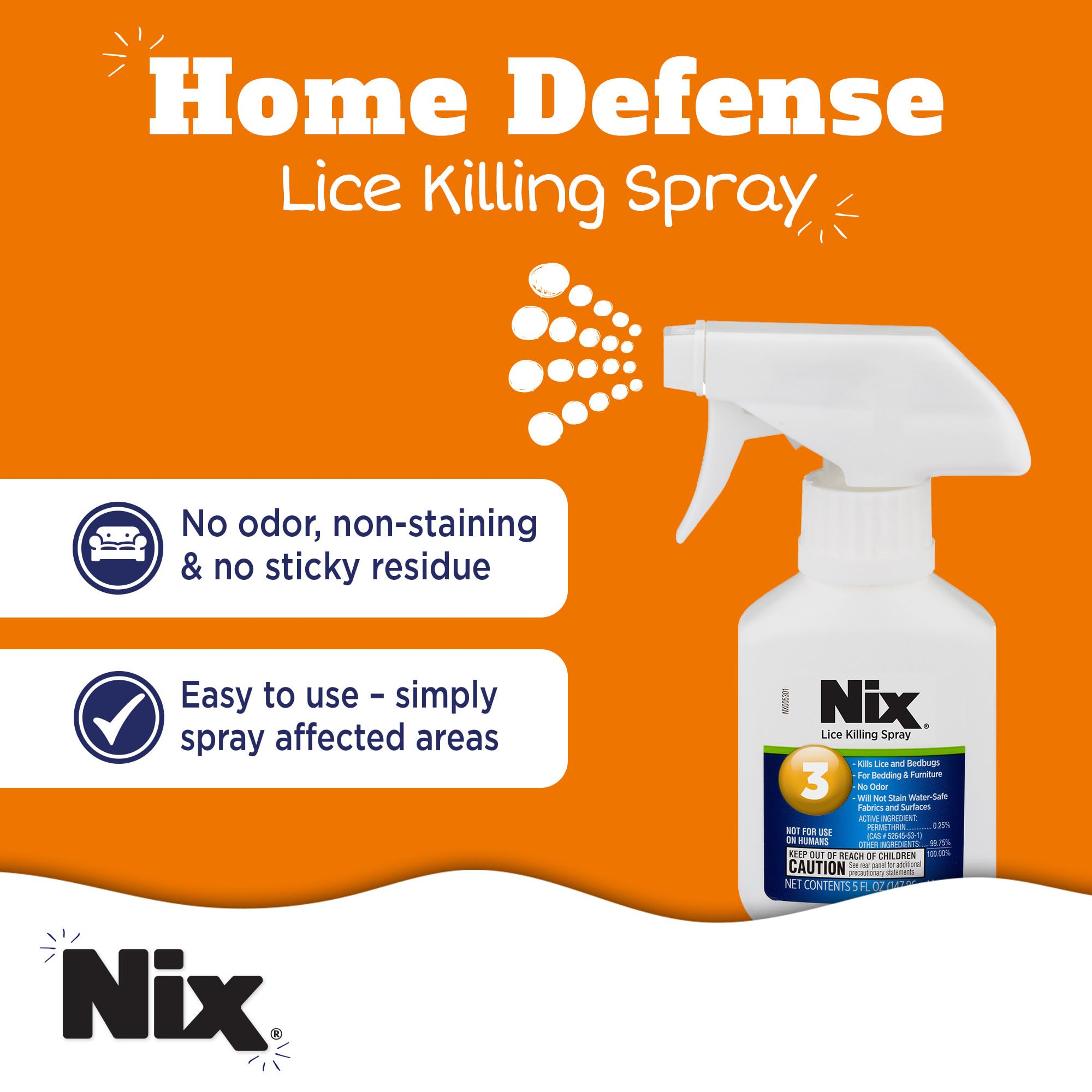 Nix Lice & Bed Bug Spray on a couch offers quick, residue-free use.