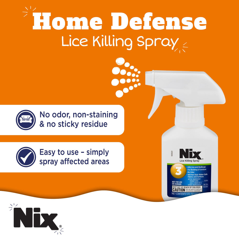 Nix Lice & Bed Bug Spray on a couch offers quick, residue-free use.