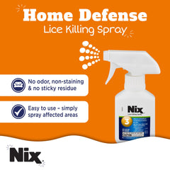 Nix Lice & Bed Bug Spray on a couch offers quick, residue-free use.