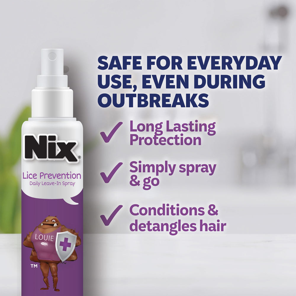 Nix Lice Prevention Daily Leave-In Spray bottle provides ongoing protection.