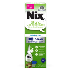 Nix Ultra All-in-One Shampoo bottle pouring, showcasing a safe, pesticide-free formula