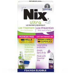 Nix Ultra All-in-One Shampoo bottle demonstrates lice treatment and cleansing.