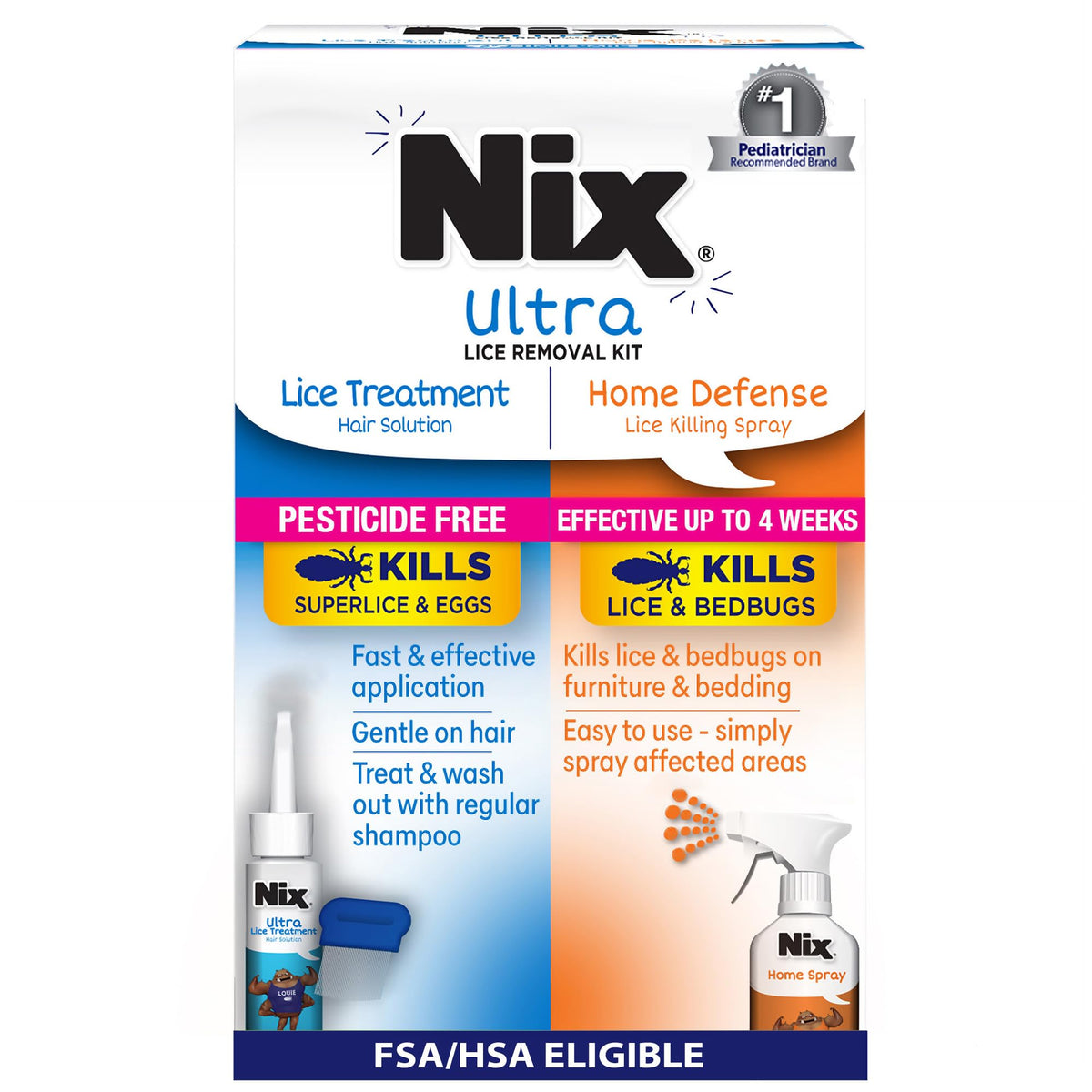 Nix Ultra Hair Solution bottle shown for pesticide-free lice treatment and comfort.