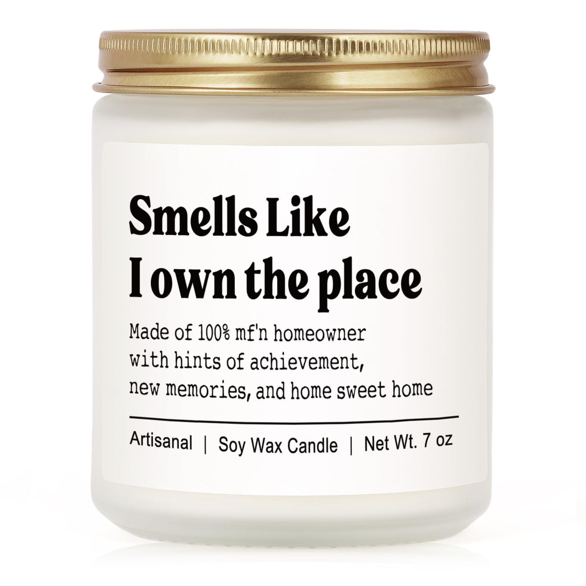 Niyewsor candle label with humorous message for new homeowners