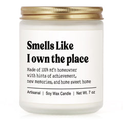 Niyewsor candle label with humorous message for new homeowners