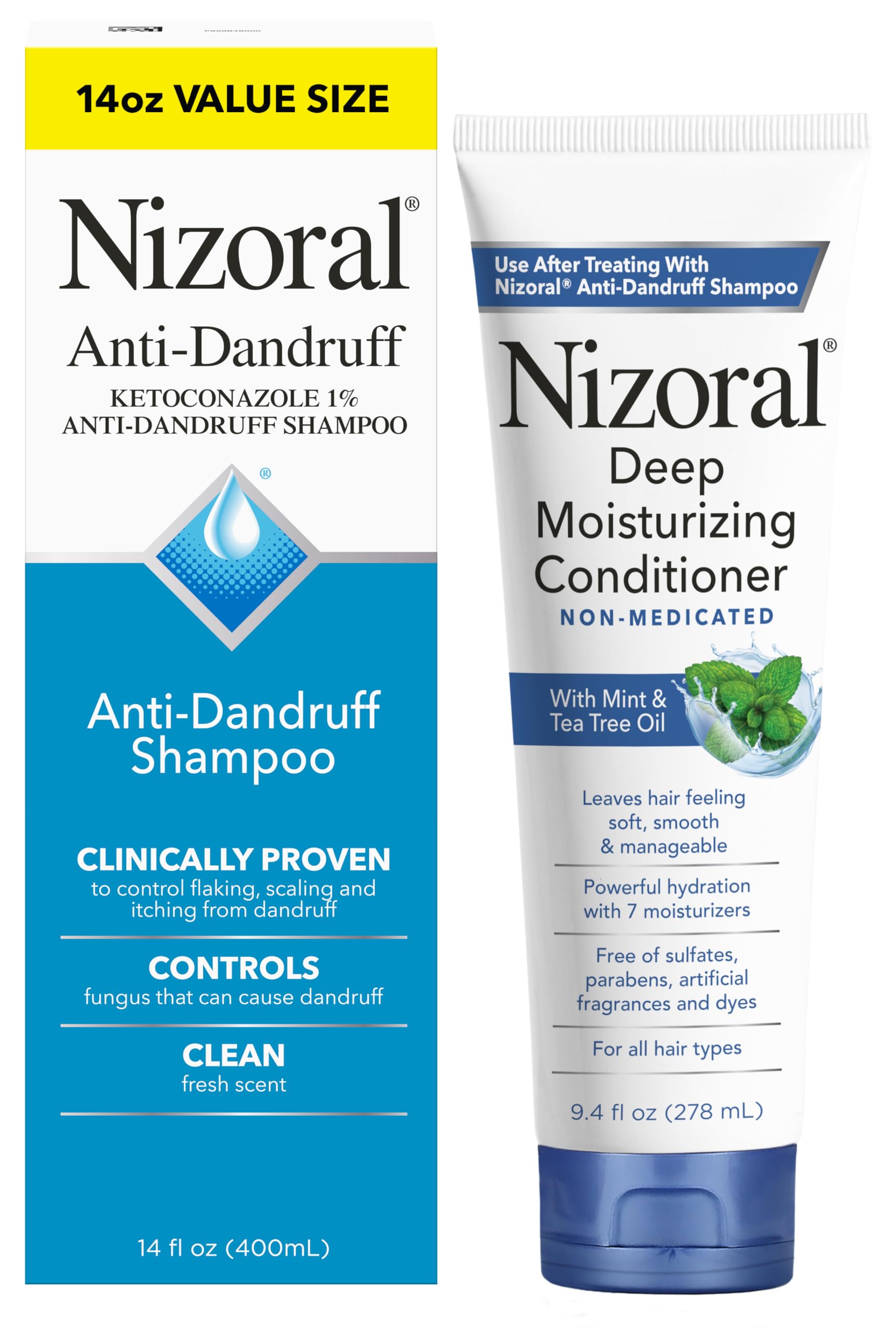 Nizoral Anti-Dandruff Shampoo bottle highlighting 1% ketoconazole for scalp care.