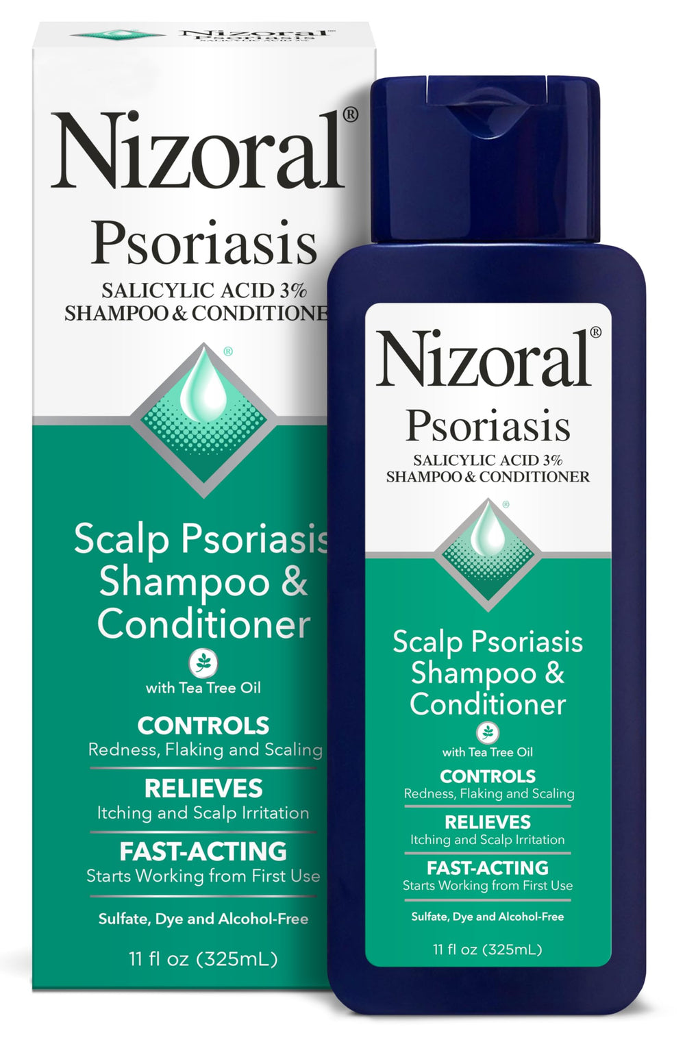 Nizoral psoriasis shampoo bottle highlighting soothing scalp relief.