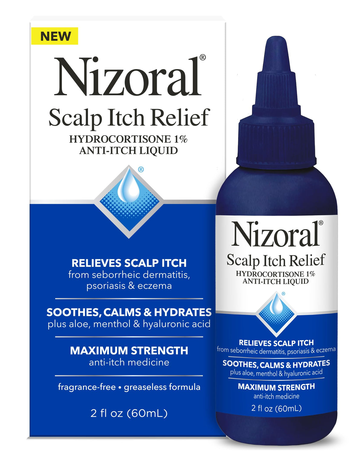 Nizoral scalp itch relief liquid bottle-tip demonstrates targeted scalp application for relief
