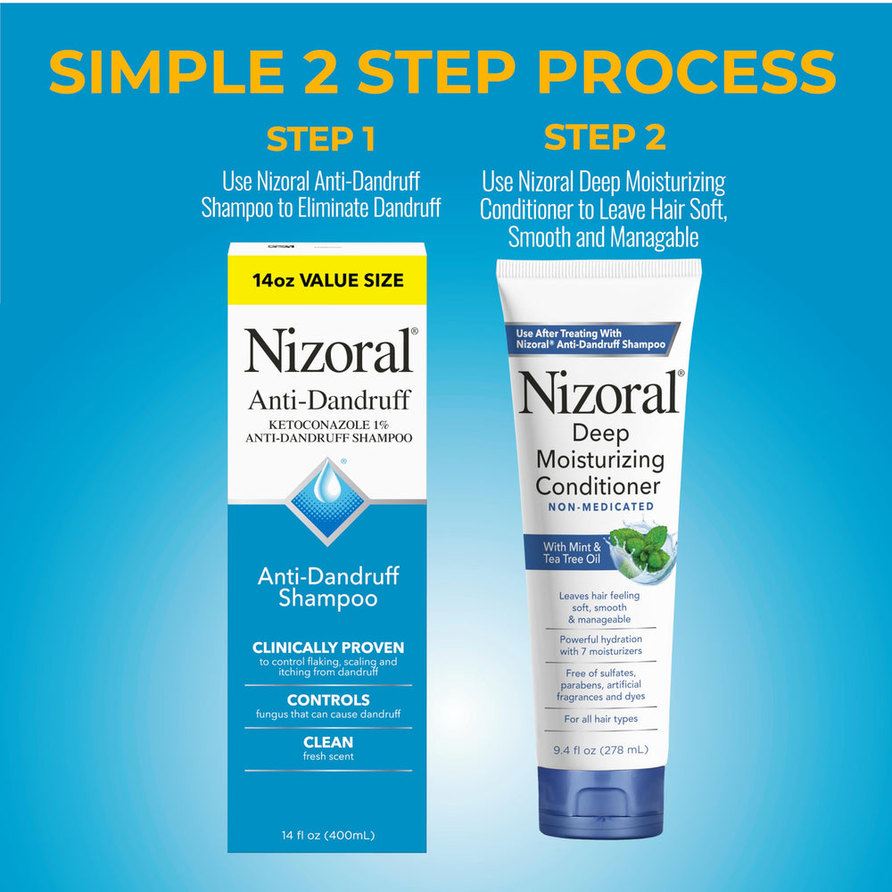 Nizoral shampoo and conditioner bundle displayed on bathroom shelf for routine care.