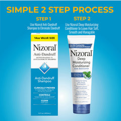 Nizoral shampoo and conditioner bundle displayed on bathroom shelf for routine care.