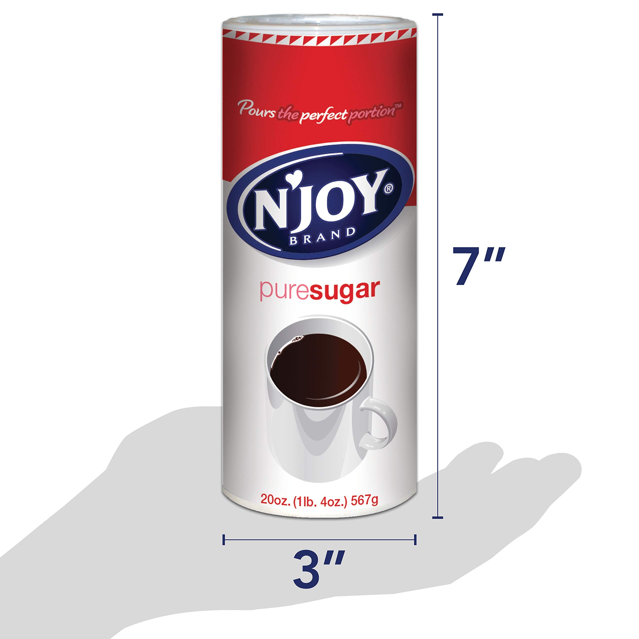 N'Joy sugar canister pouring into dessert: supports coffee, tea, and recipes.