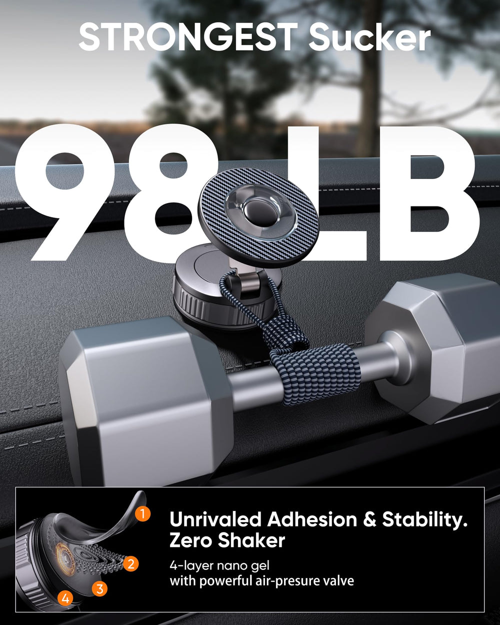 NKNZLY vacuum-adhesive mount keeps your phone steady on windshield or dash.