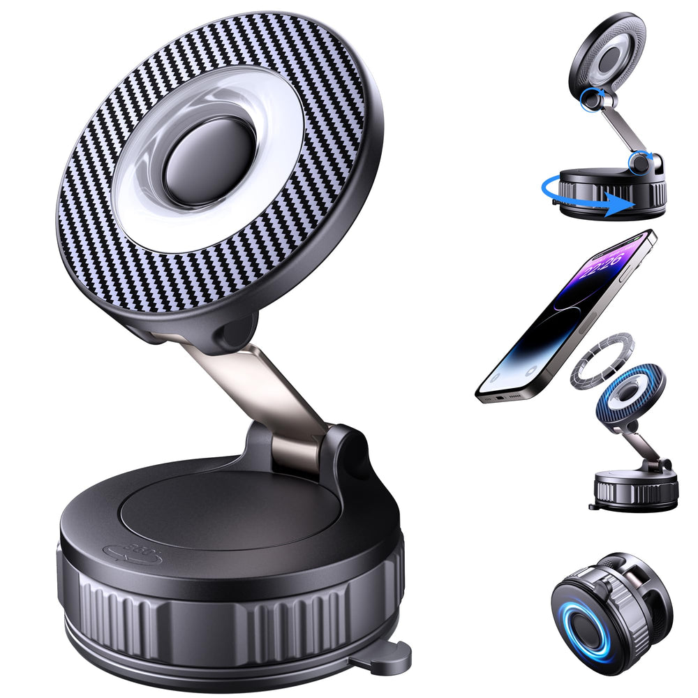 NKNZLY vacuum MagSafe car holder provides strong suction for dashboard mounting.