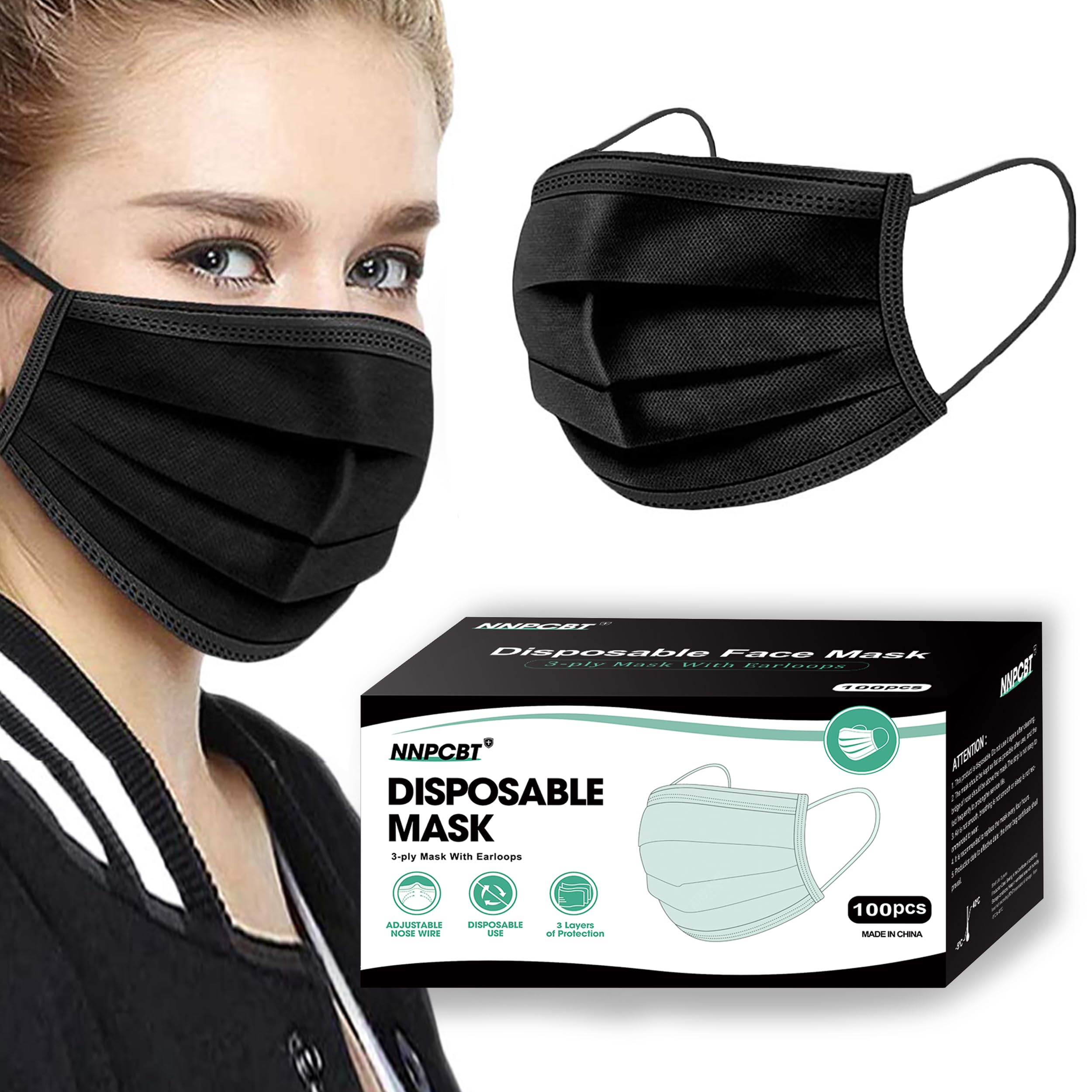 NNPCBT 100-piece 3-ply black disposable mask pack for everyday wear.