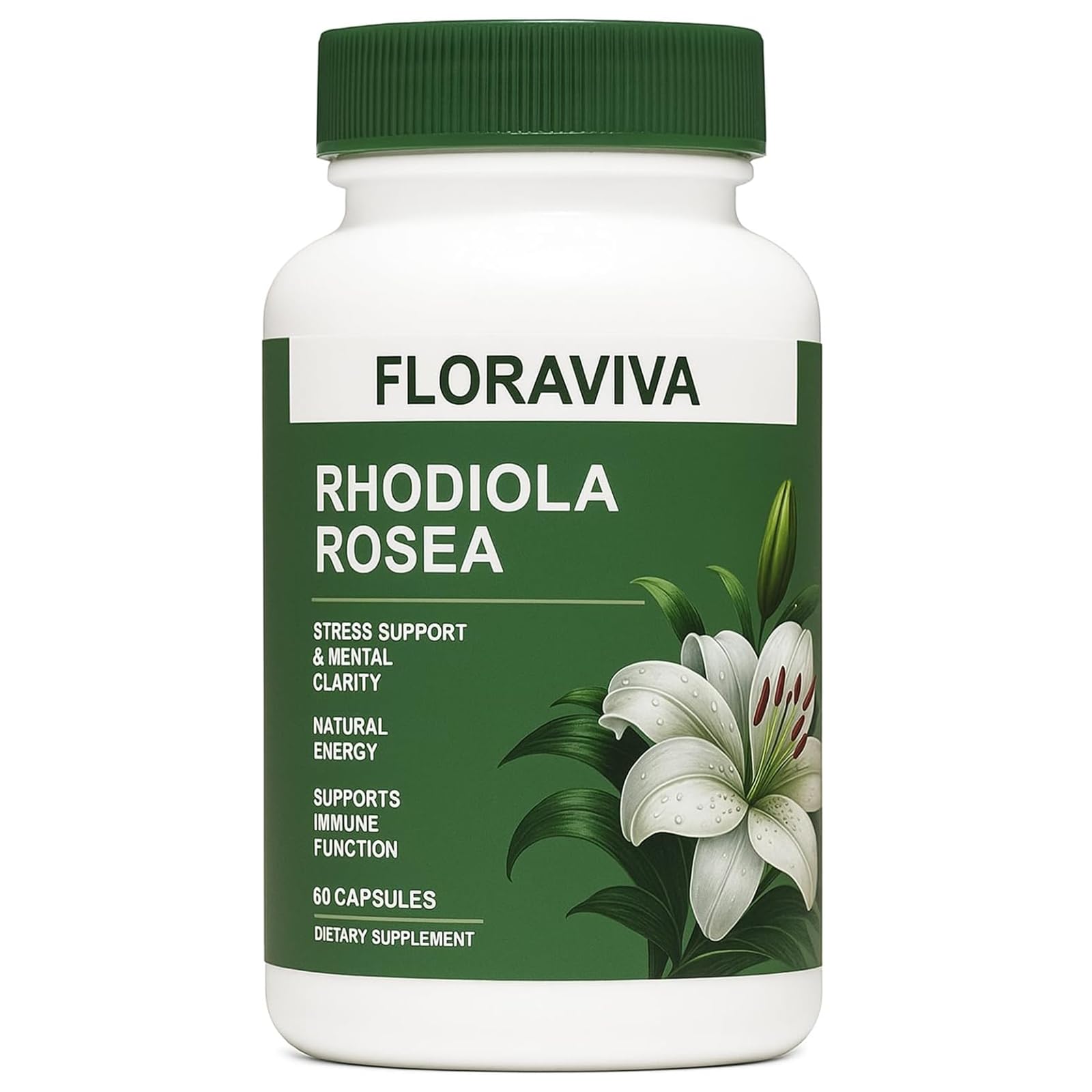 No Bald Floraviva Rhodiola Rosea 500mg bottle for daily stress support.