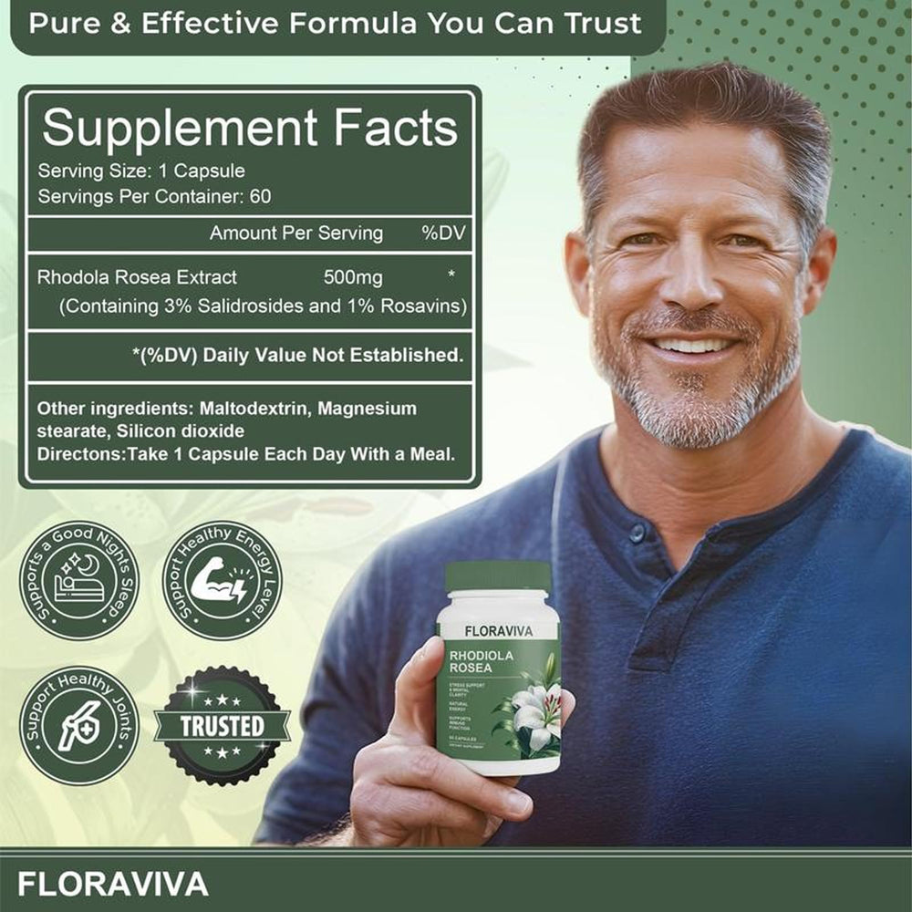 No Bald Floraviva Rhodiola Rosea capsules close-up with 500mg per serving.