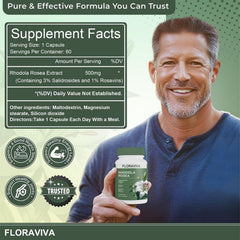 No Bald Floraviva Rhodiola Rosea capsules close-up with 500mg per serving.