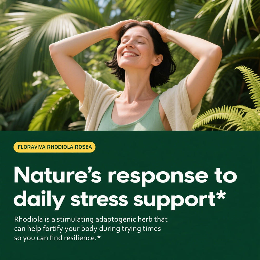 No Bald Floraviva Rhodiola Rosea packaging emphasizes natural adaptogen benefits.