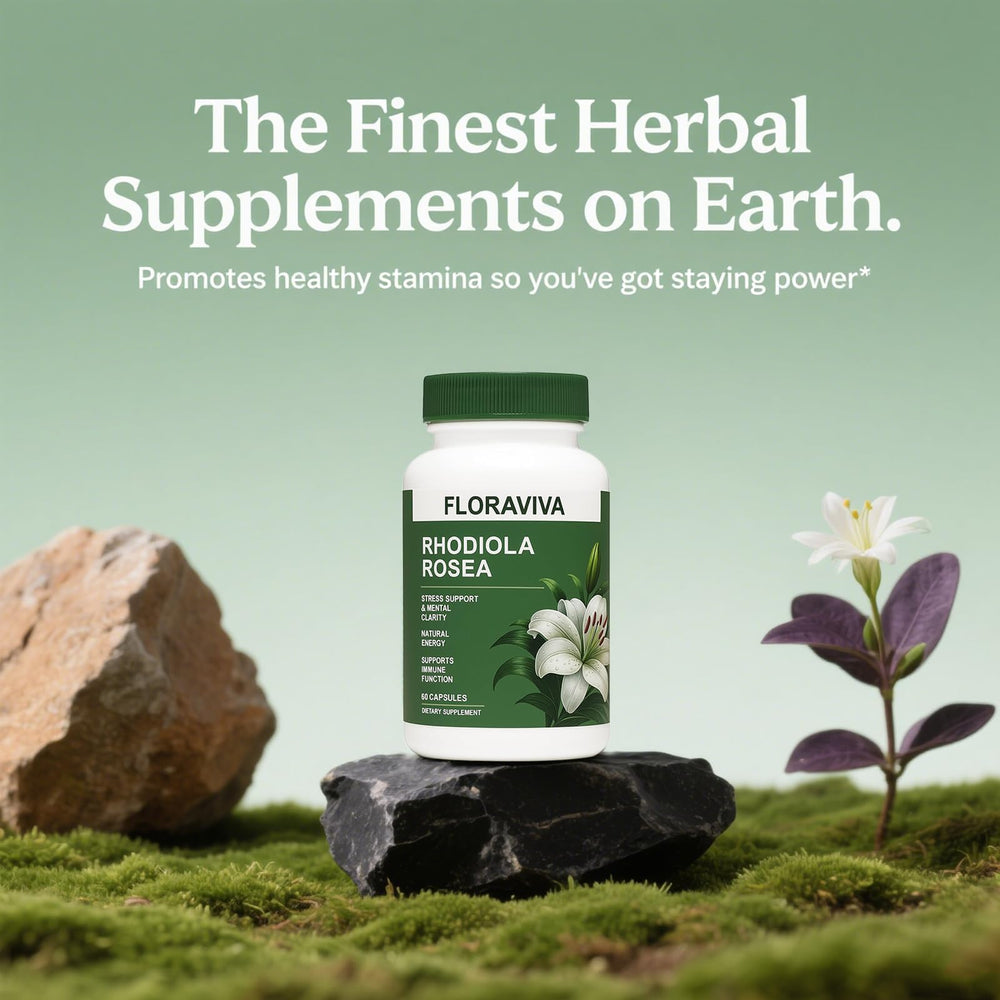 No Bald Floraviva Rhodiola Rosea label shows a clean, non-GMO formula.