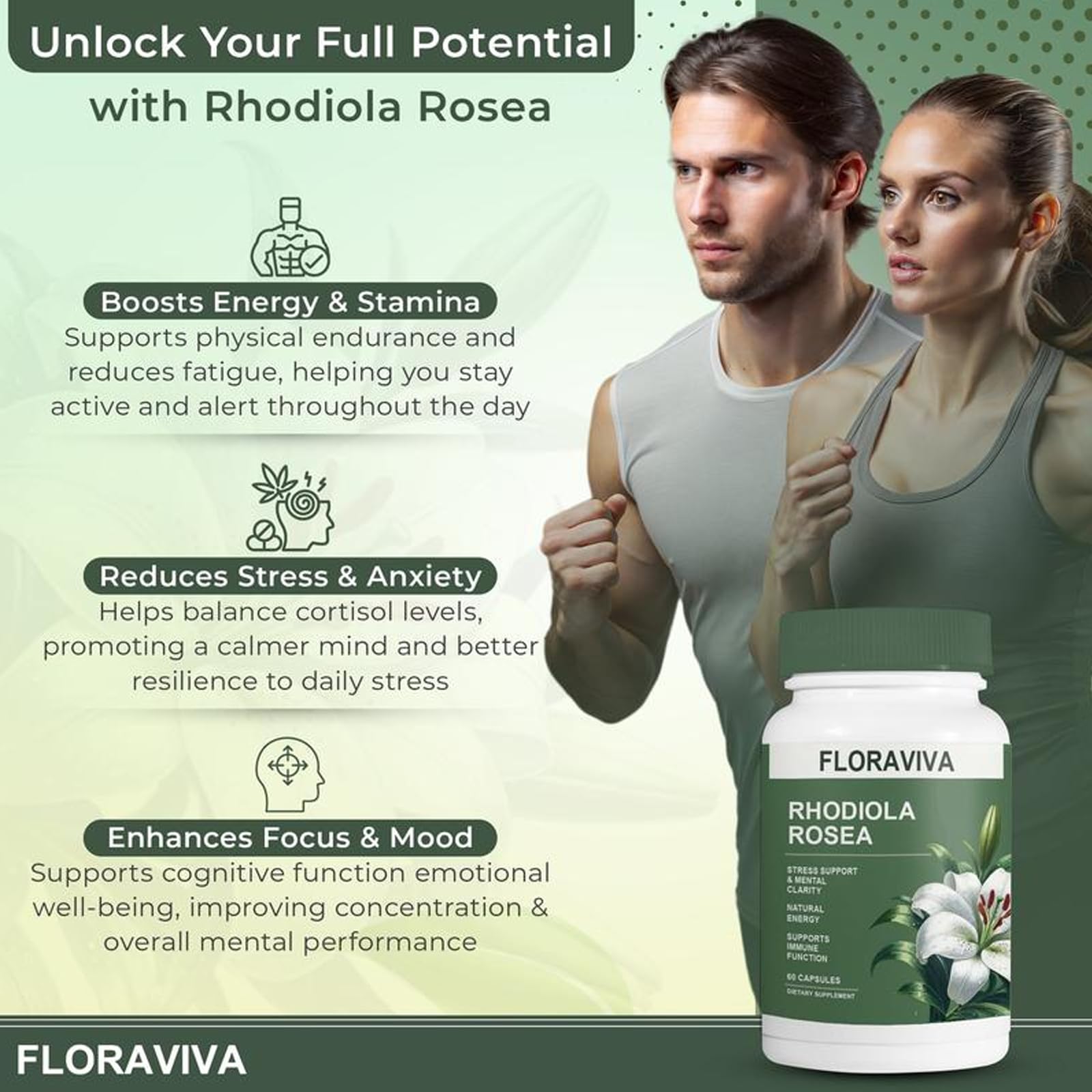 No Bald Floraviva Rhodiola Rosea bottle beside tea for calm energy.