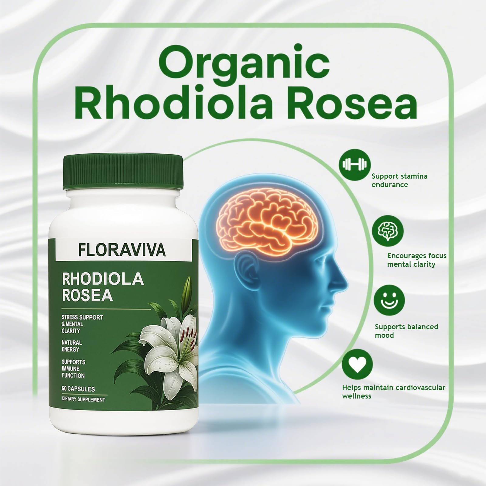 No Bald Floraviva Rhodiola Rosea packaging on a tidy shelf.
