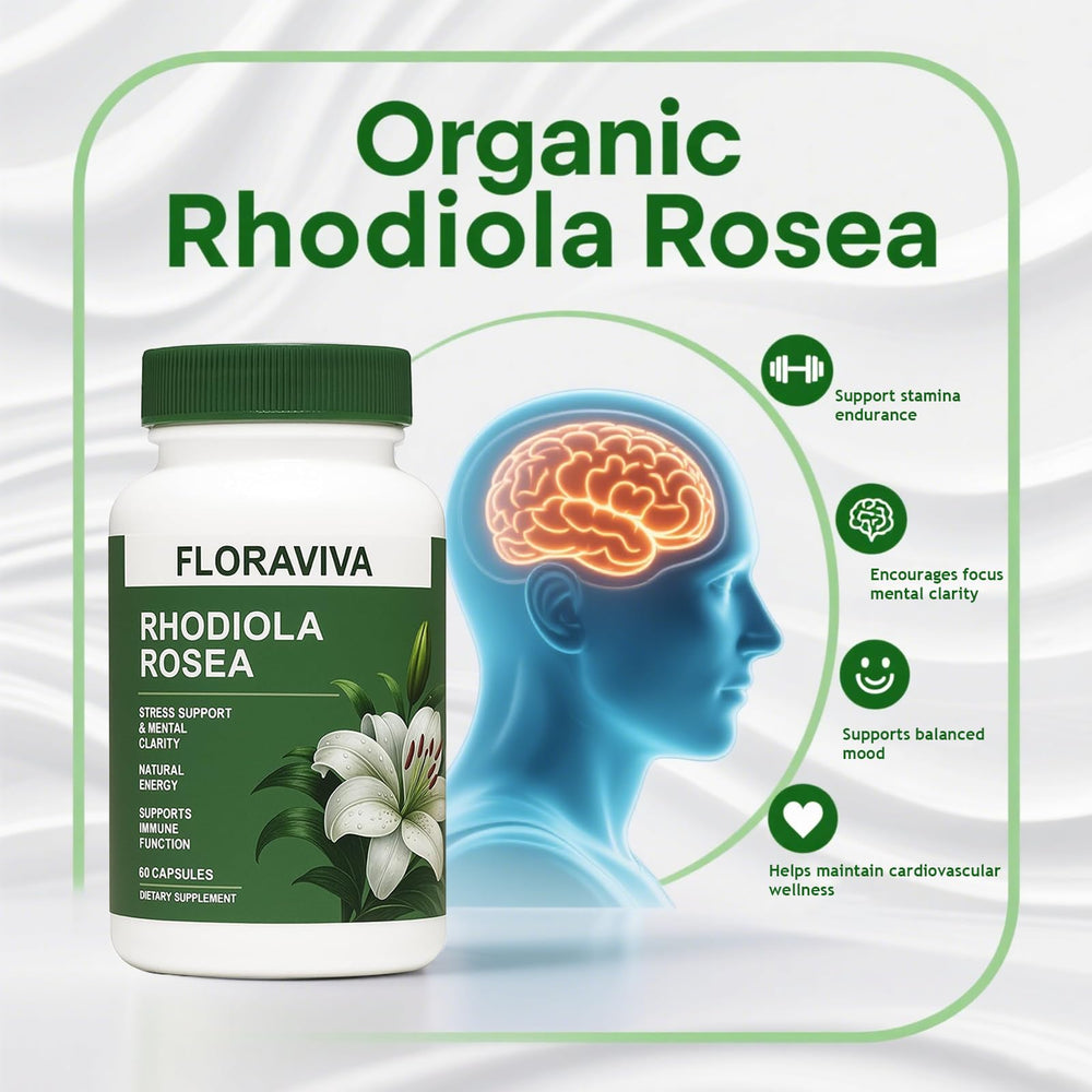 No Bald Floraviva Rhodiola Rosea packaging on a tidy shelf.