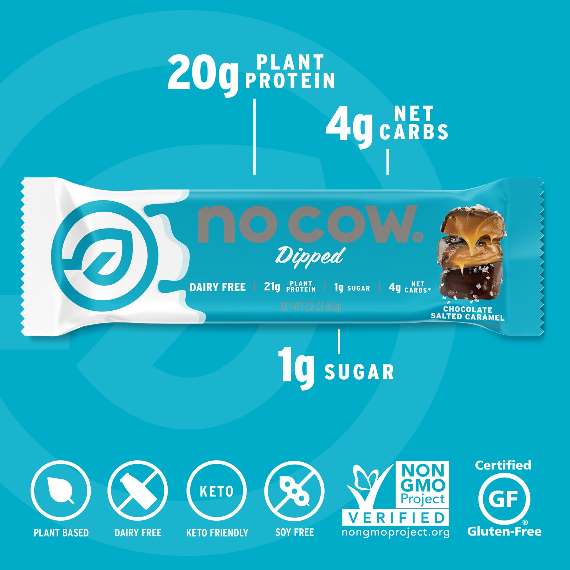 No Cow High Protein Bars chocolate salted caramel bar cross-section reveals chewy texture and rich flavor