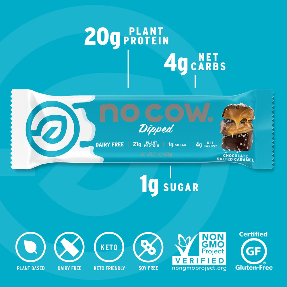 No Cow High Protein Bars chocolate salted caramel bar cross-section reveals chewy texture and rich flavor