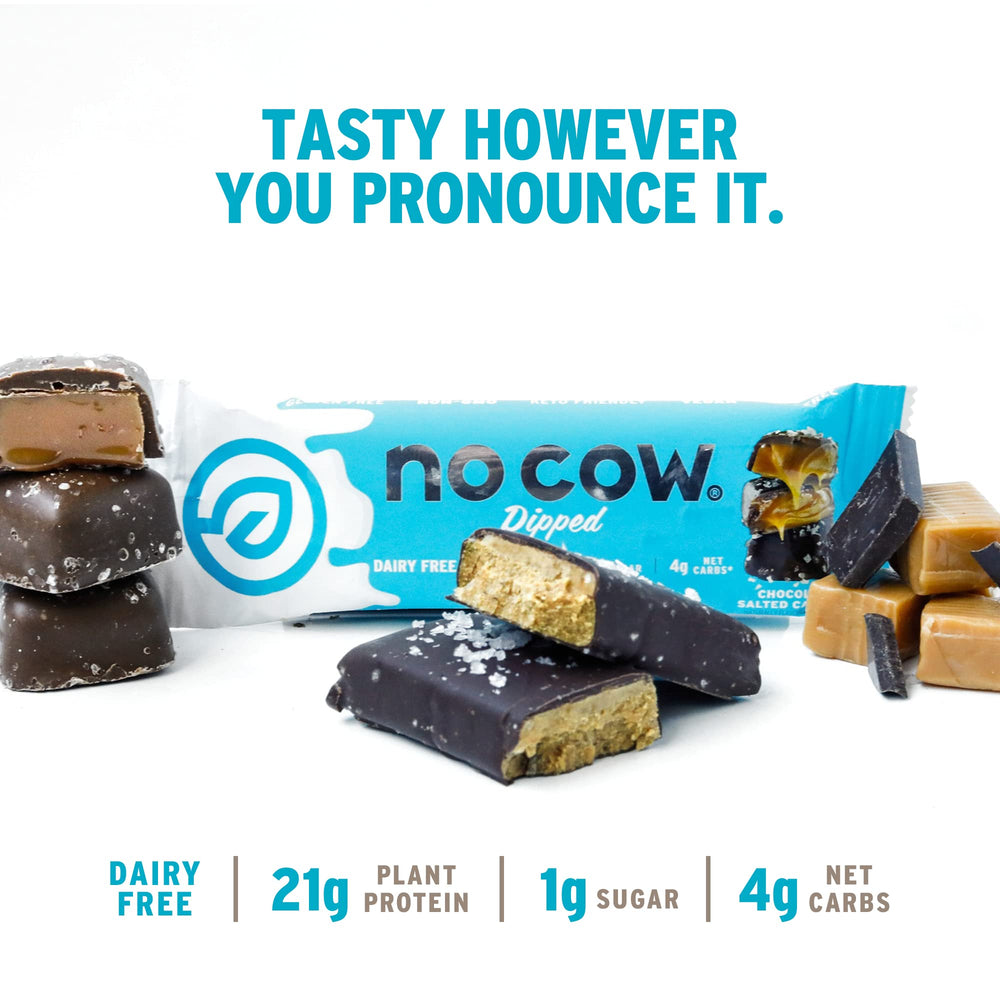 No Cow High Protein Bars texture close-up highlights glossy coating and cocoa goodness