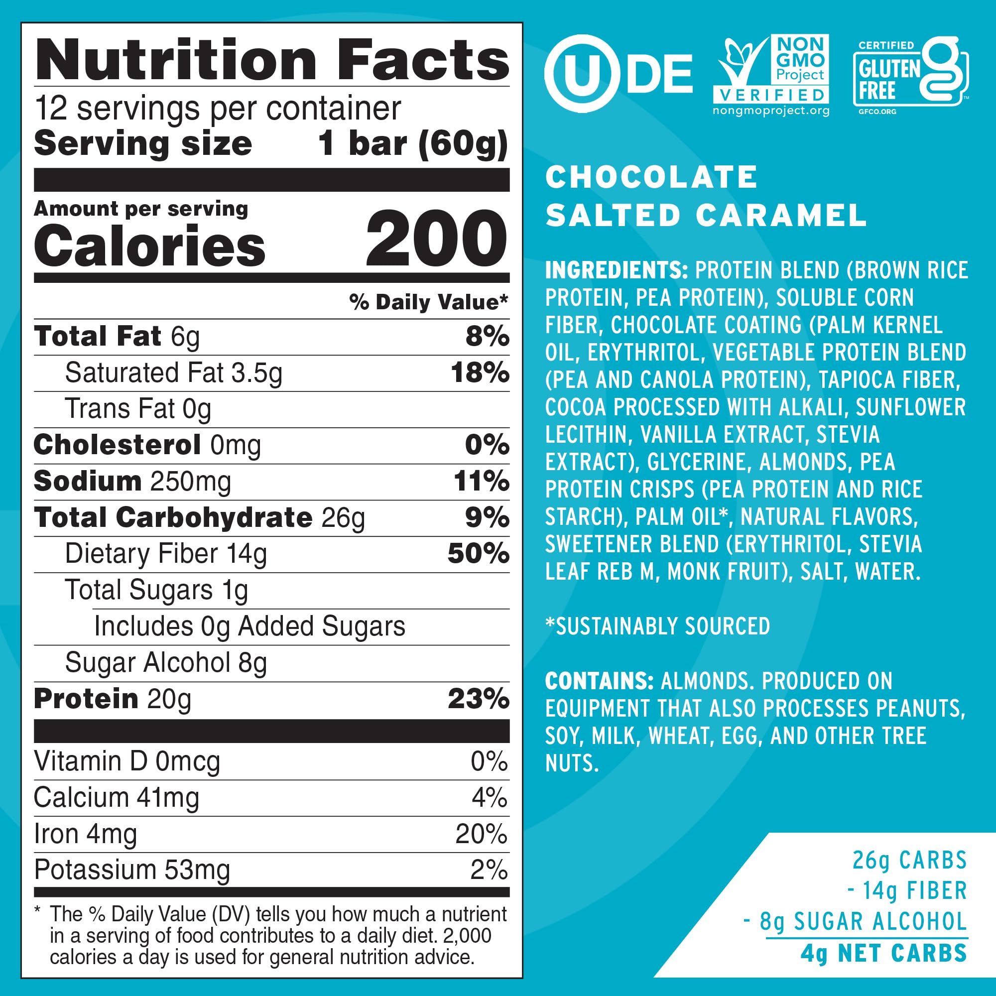 No Cow High Protein Bars ingredients close-up showing plant-based protein and fiber benefits