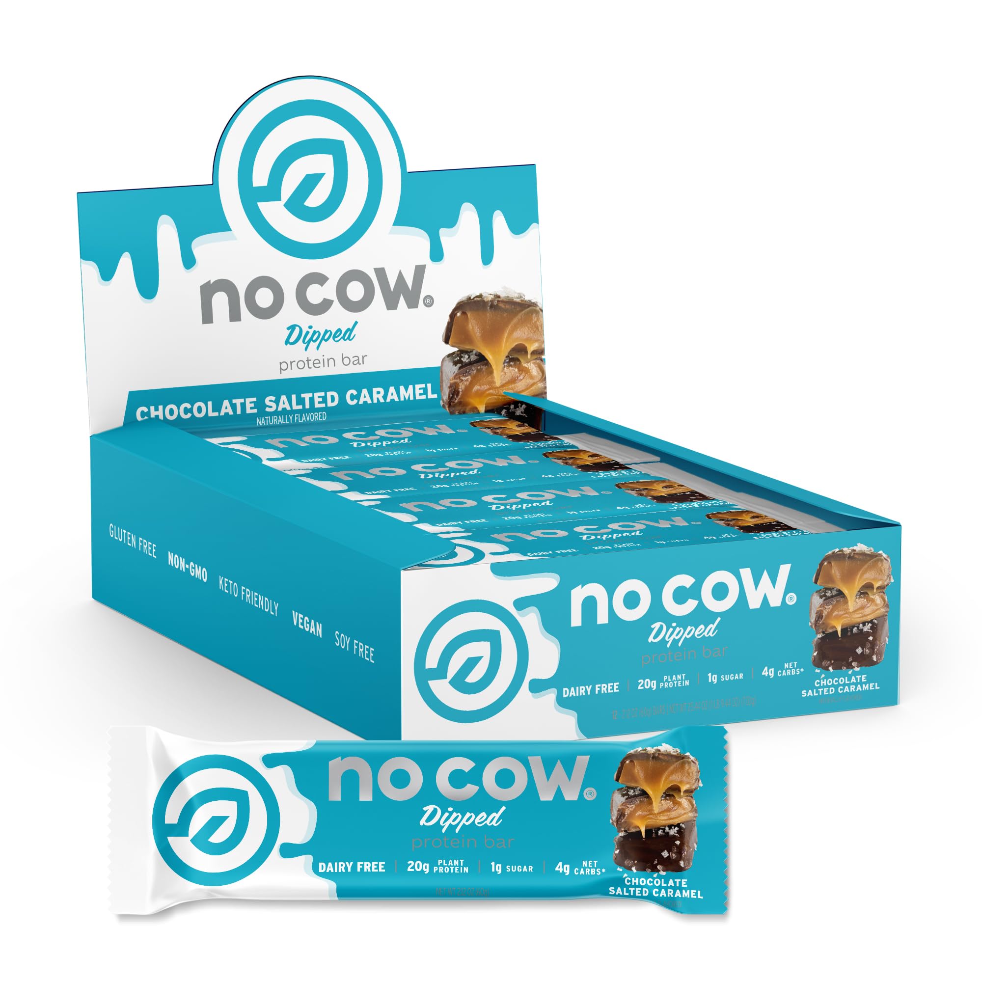 No Cow High Protein Bars Chocolate Salted Caramel packshot; keto-friendly protein snack for workouts