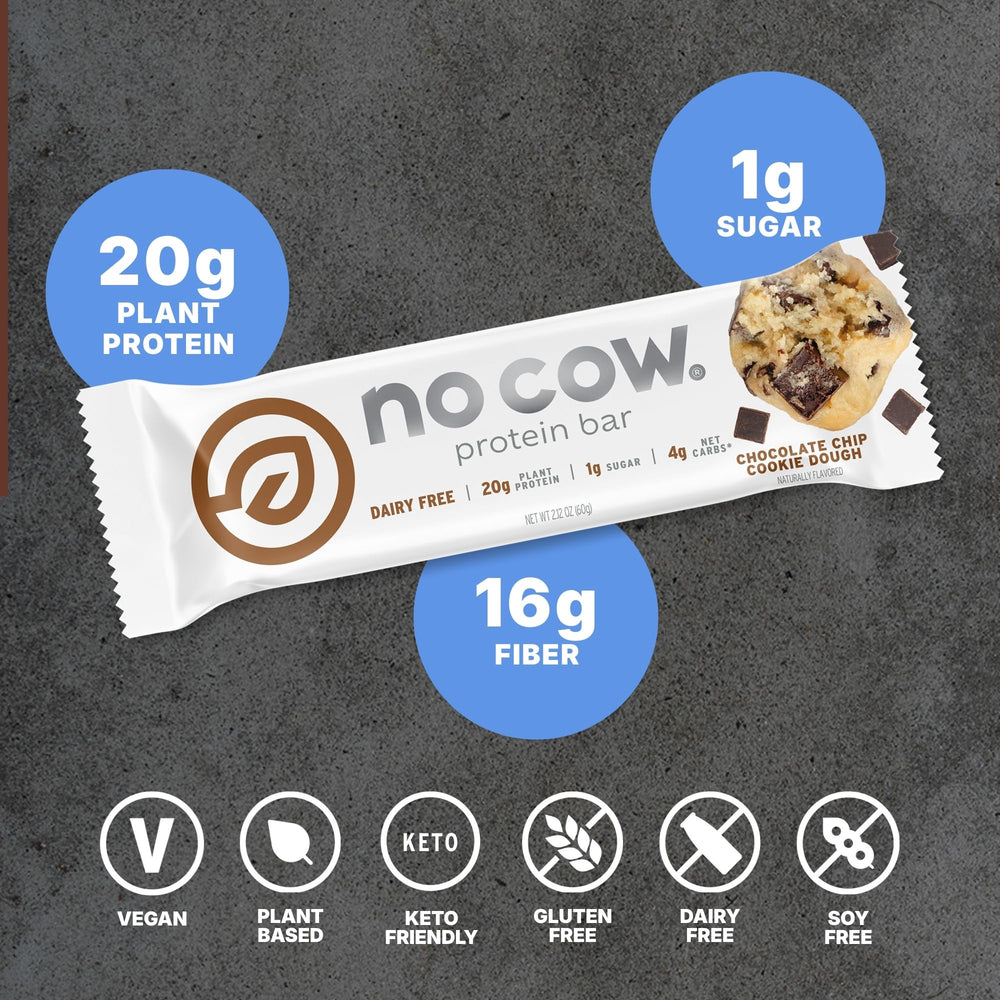 No Cow Upgraded Chocolate Chip Cookie Dough bar closeup highlights soft, cookie-dough vibes.