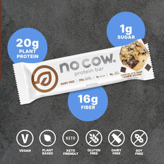 No Cow Upgraded Chocolate Chip Cookie Dough bar closeup highlights soft, cookie-dough vibes.