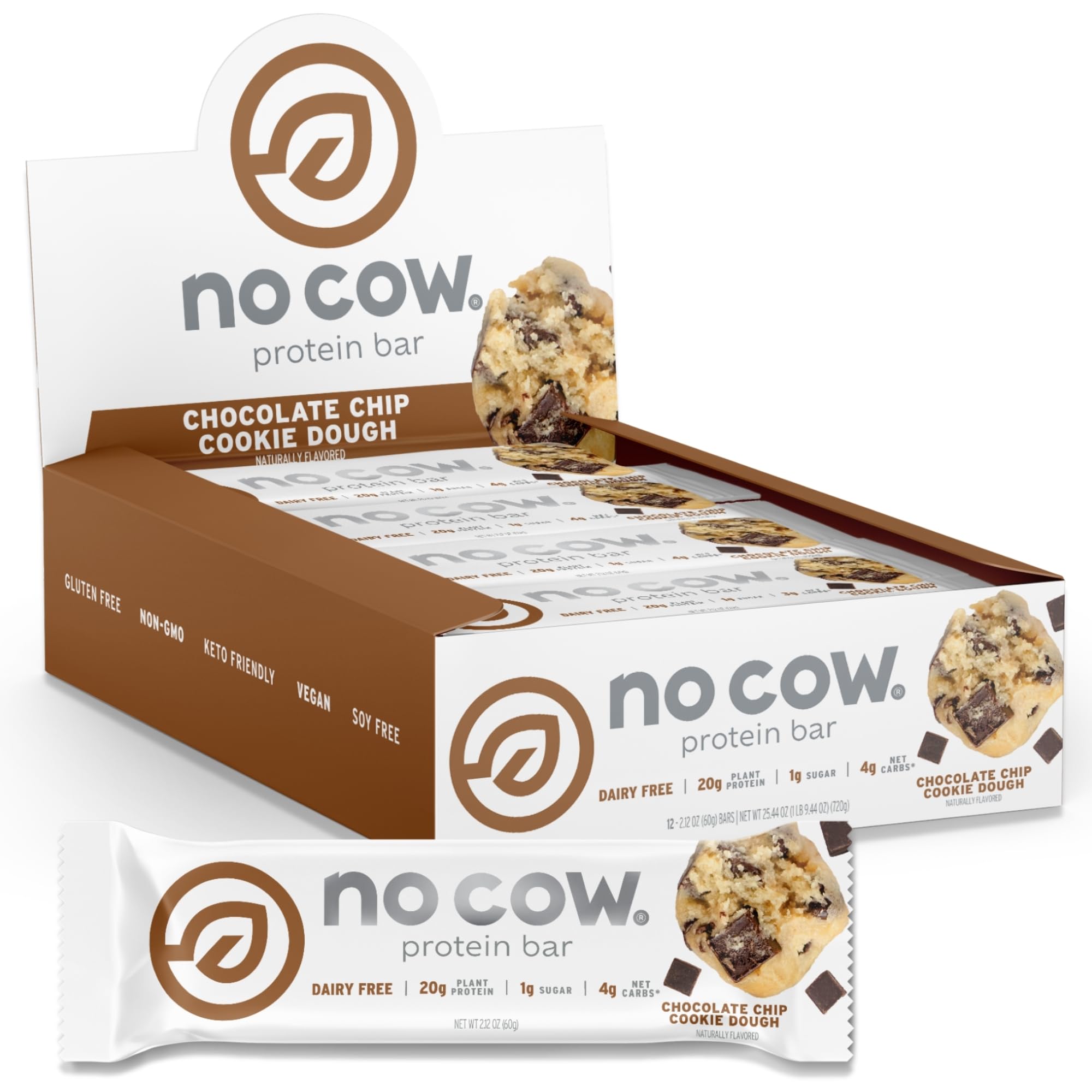 No Cow Upgraded Chocolate Chip Cookie Dough bar in a pack for convenient snacking.