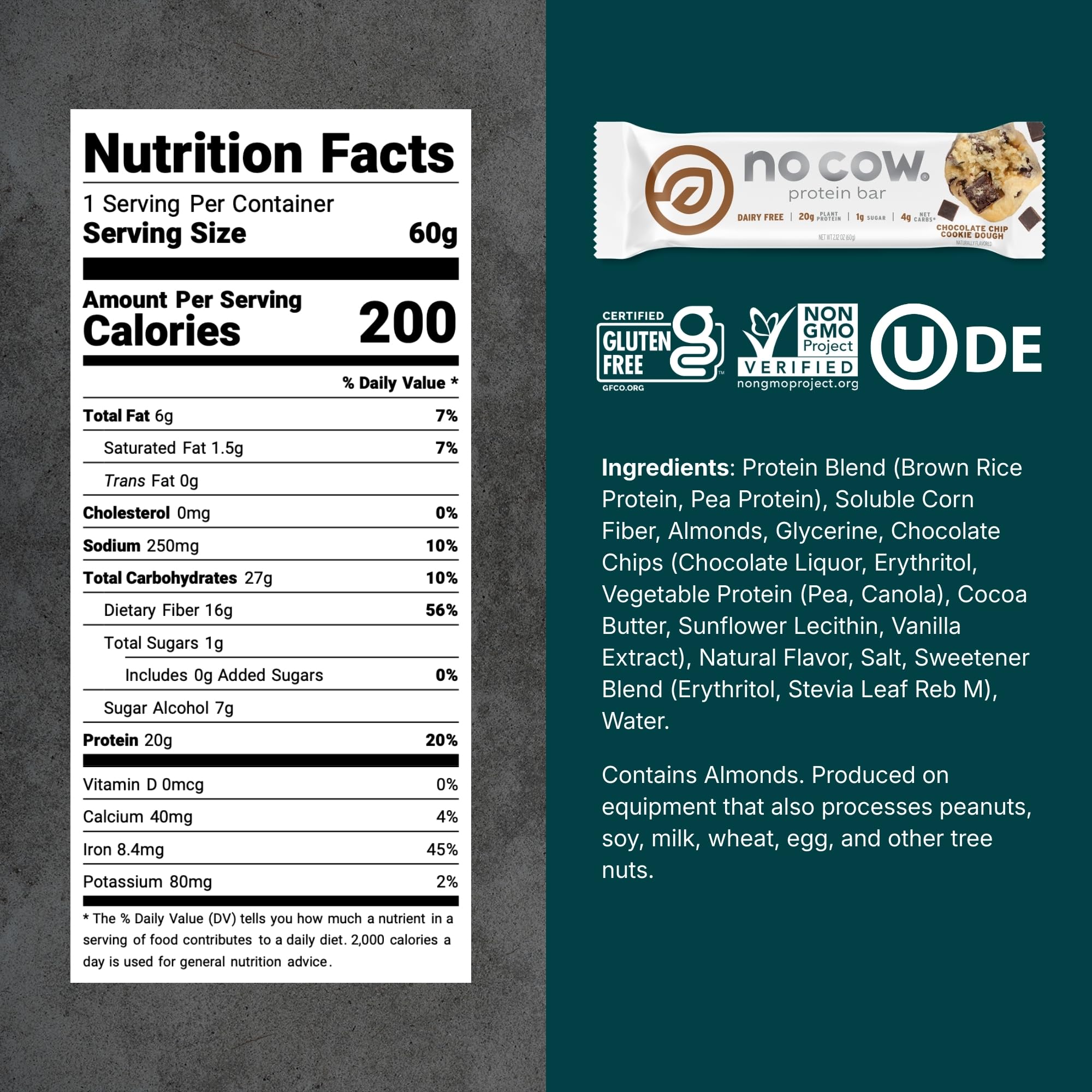 No Cow Upgraded Chocolate Chip Cookie Dough bar unwrapped shows chewy texture and chips.