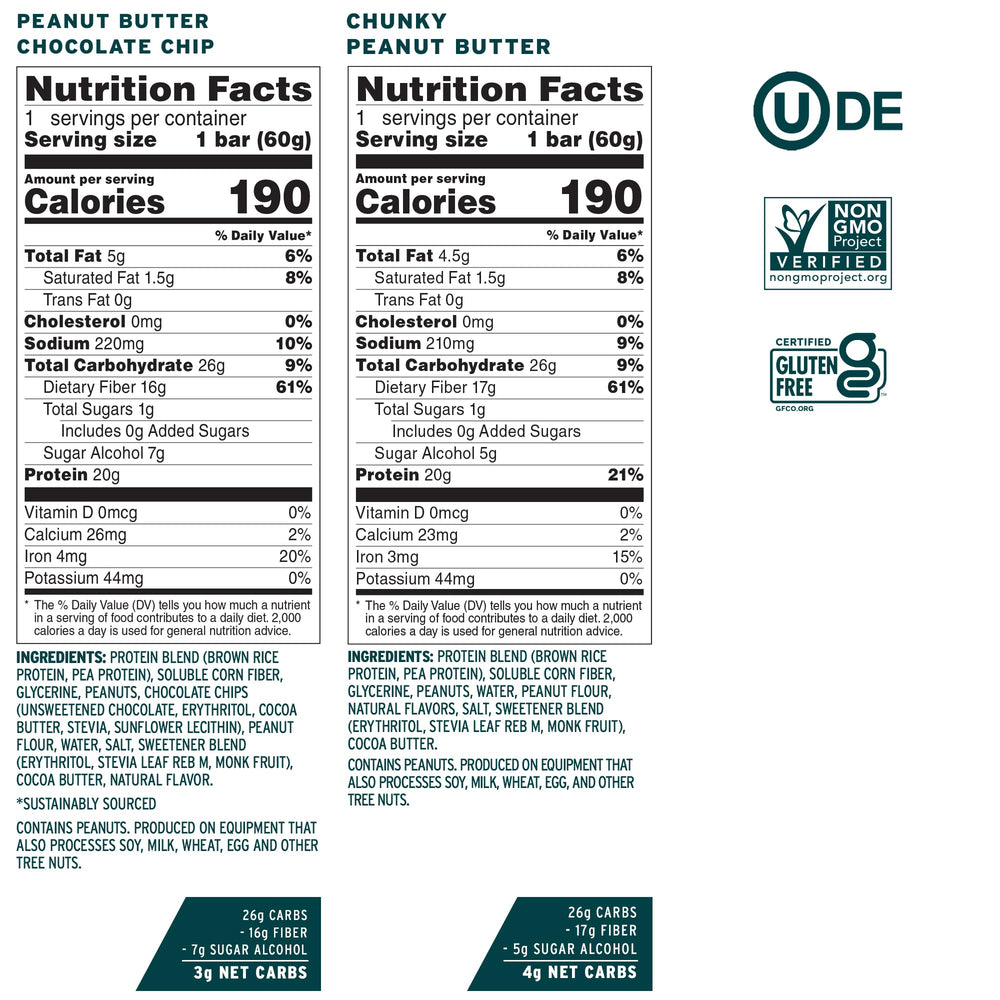 No Cow vegan protein bars cross-section shows chewy interior with 20g protein.