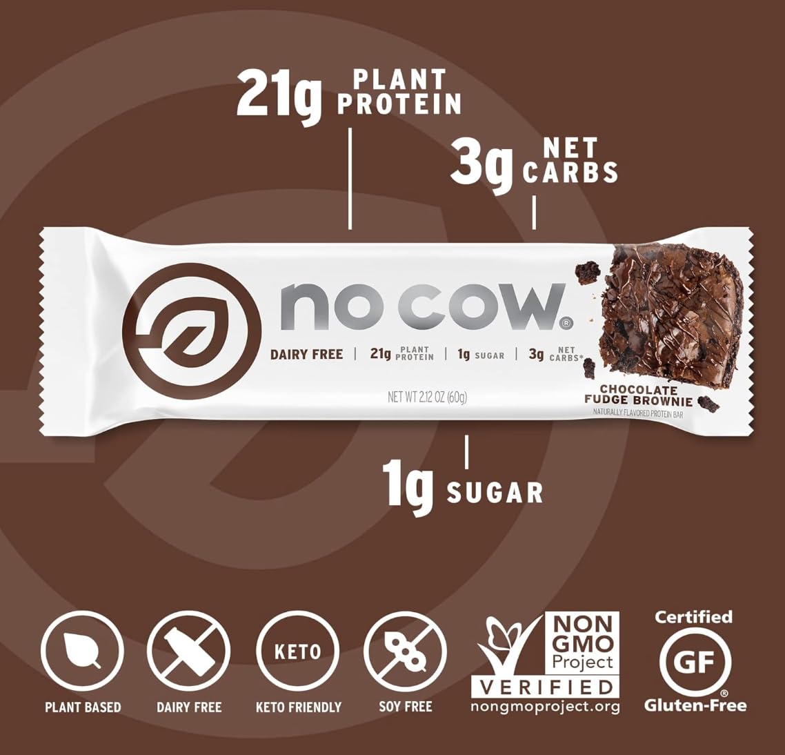 No Cow vegan protein bars nutrition facts panel highlights 20g protein and low sugar.