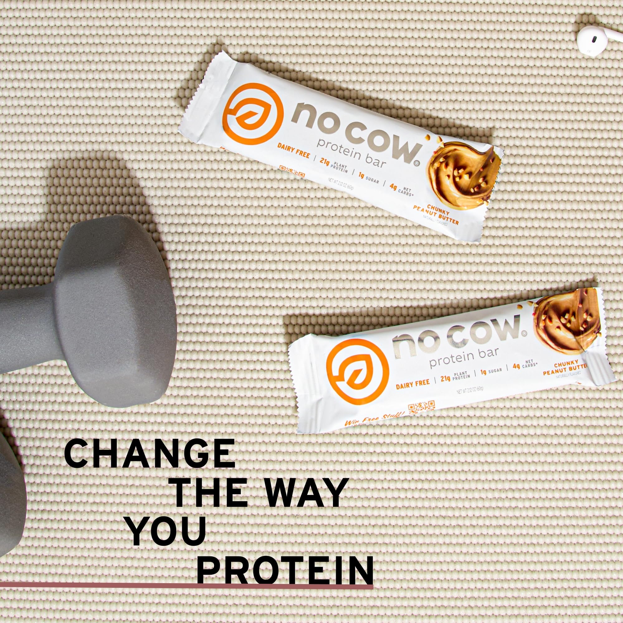 No Cow chunky peanut butter bar icon with nutrition facts for quick reference