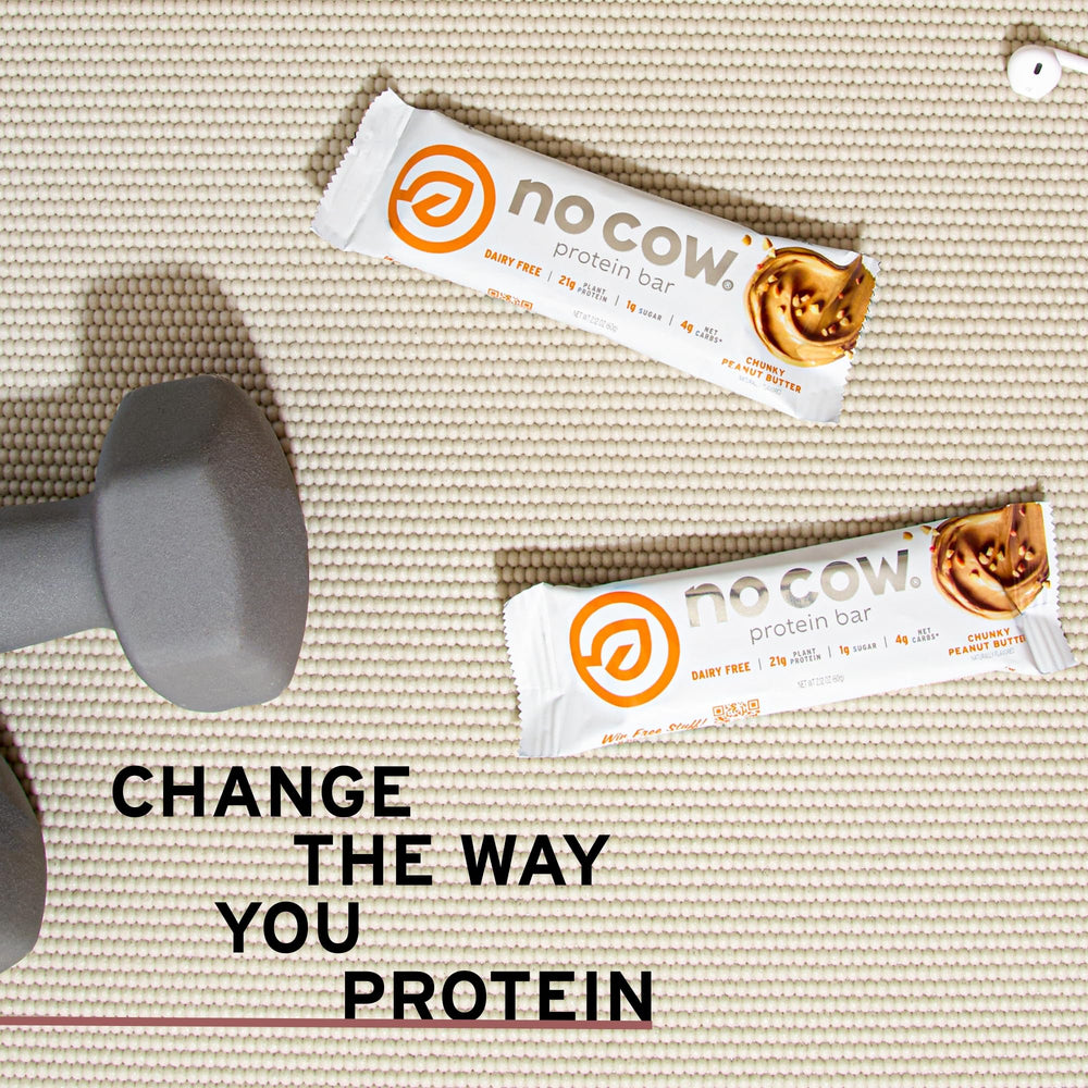 No Cow chunky peanut butter bar icon with nutrition facts for quick reference