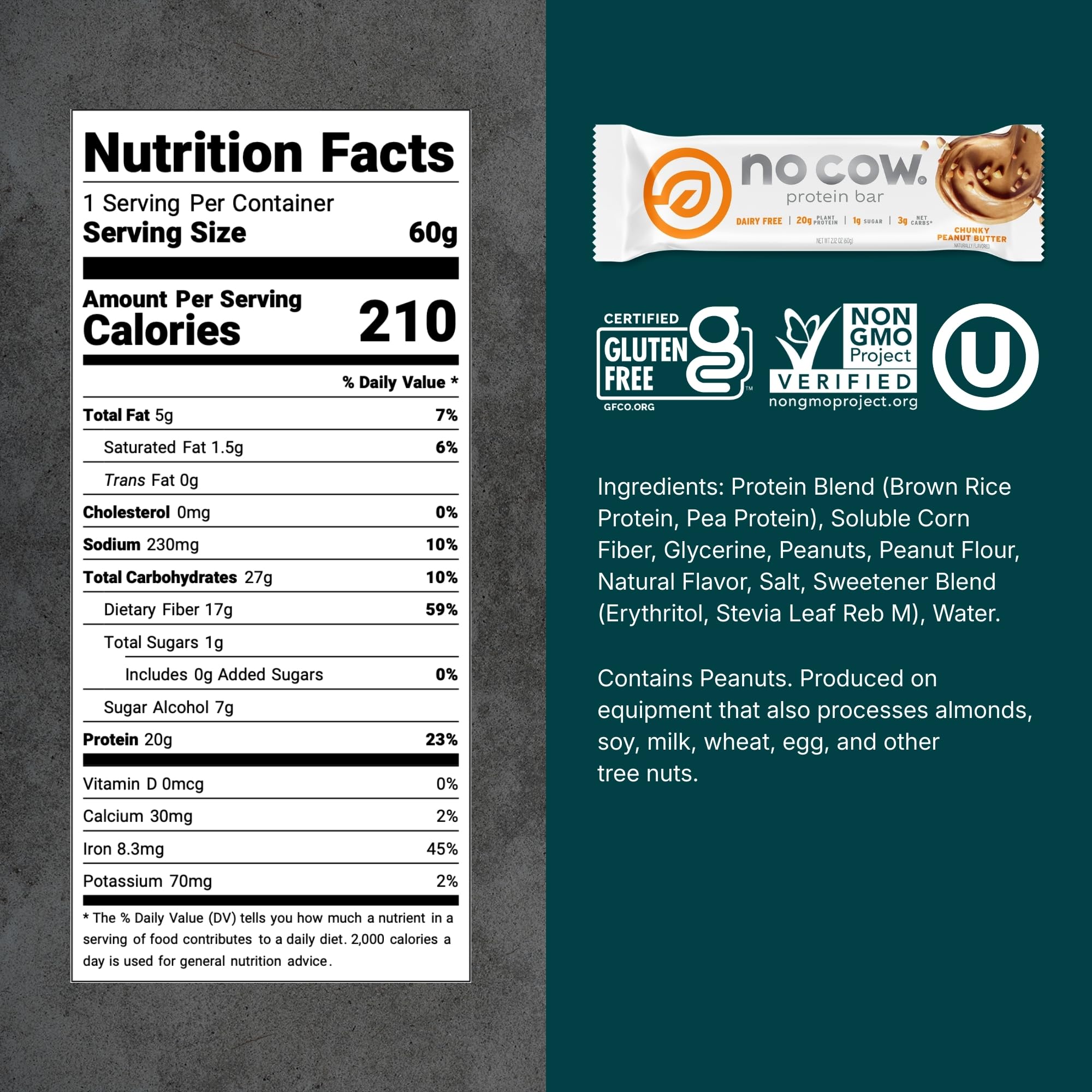 No Cow vegan protein bars close up with chunky peanut butter bites for steady fullness