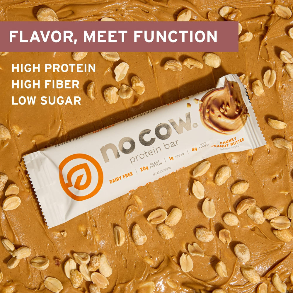 No Cow bars feature peanut pieces, ideal post workout snack