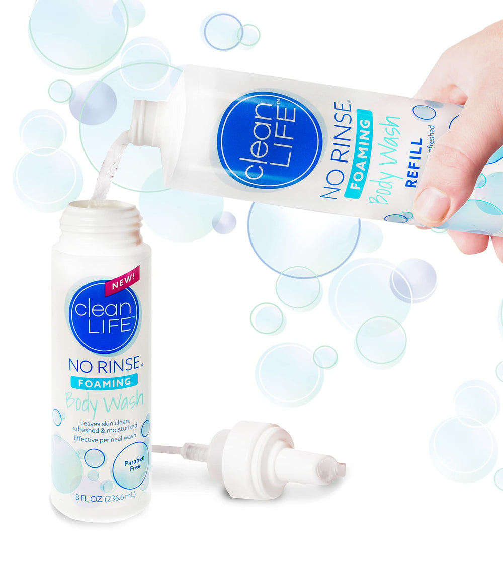 No-Rinse Foaming Body Wash in bathroom scene, refreshing cleanse near sink