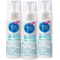 No-Rinse Foaming Body Wash bottle, pour for quick bedside cleansing without water